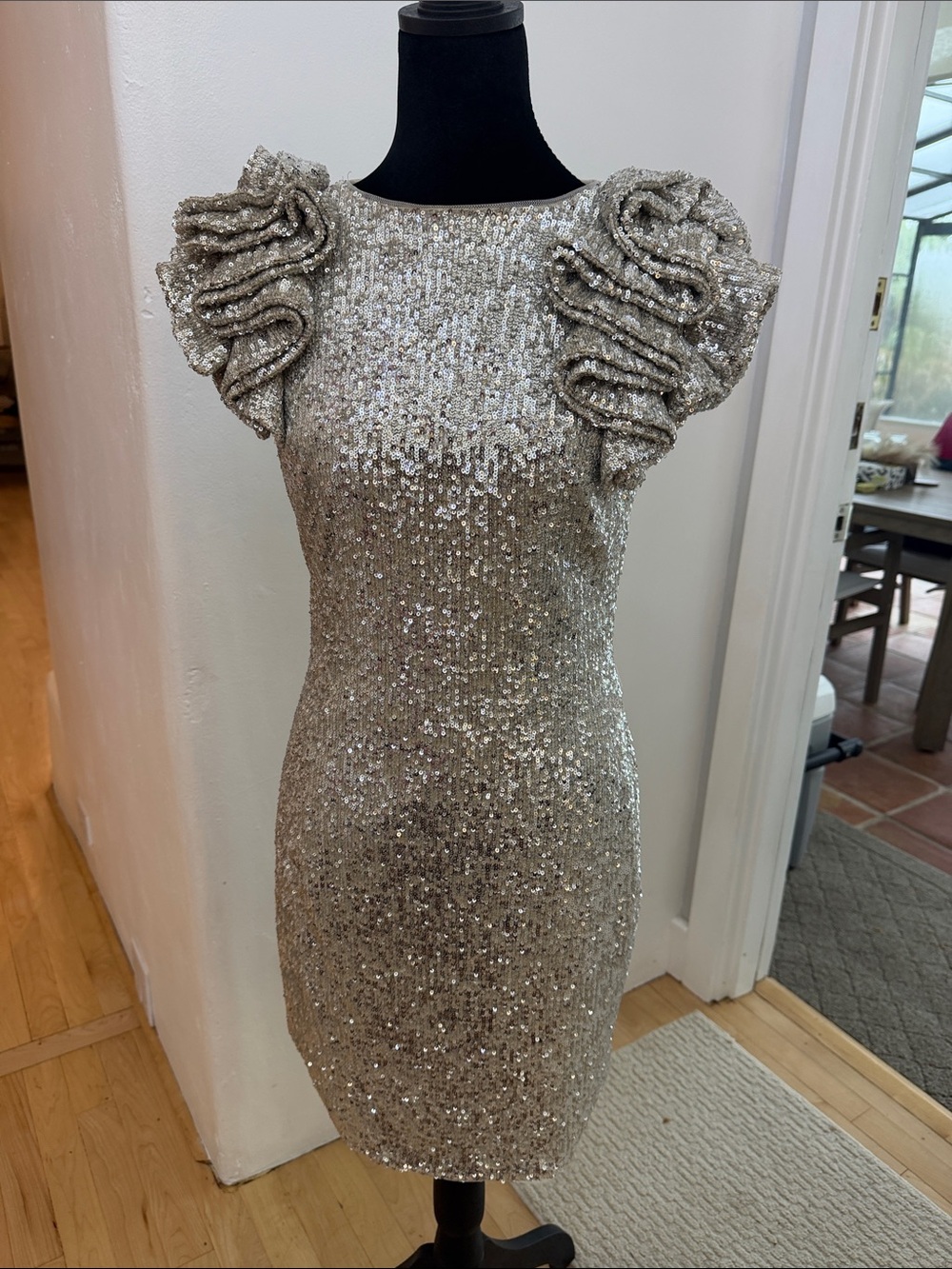 Aidan Mattox Silver Sequin Ruffle-Sleeve Mini Dress